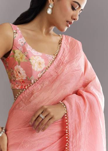 Pink Crushed Tissue Saree With Cutdana And Moti Embellished Border