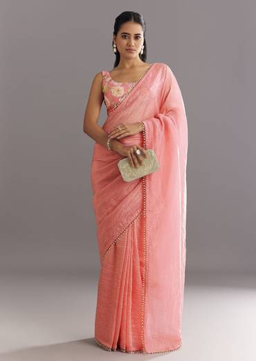 Pink Crushed Tissue Saree With Cutdana And Moti Embellished Border