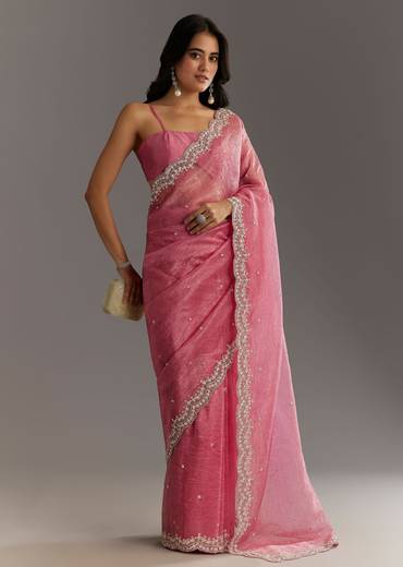 Pink Crushed Tissue Sequin Embroidered Saree With Scallop Border