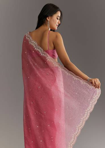 Pink Crushed Tissue Sequin Embroidered Saree With Scallop Border