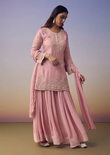 Pink Cutdana Embellished Kurta And Palazzo Set