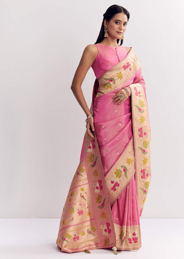 Pink Dola Silk Paithani Saree With Dollar Butti And Multicolor Motif