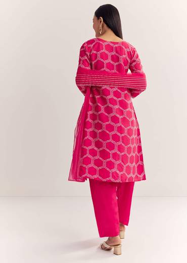 Pink Dola Silk Printed Kurta Dupatta Set With Embroidered Neckline