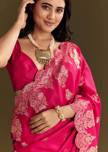 Pink Dola Silk Saree With Zari Border And All Over Booti