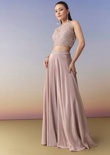 Pink Embellished Indo Western Crop Top Palazzo Set