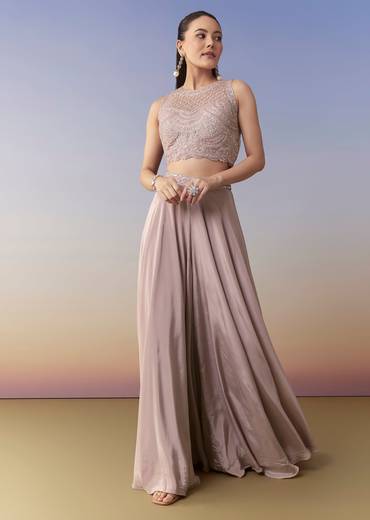 Pink Embellished Indo Western Crop Top Palazzo Set