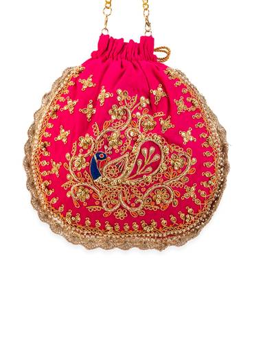 Pink Embroidered Motif Potli Bag