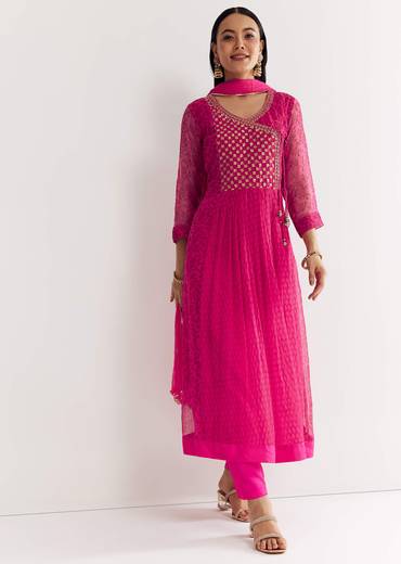 Pink Floral Chiffon Anarkali Kurta Set With Dupatta