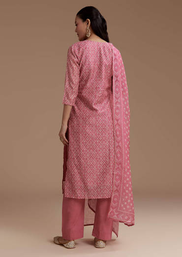 Pink Floral Print Chanderi Kurta Set with Gotta Work