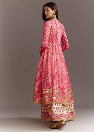 Pink Floral Printed Cotton Angrakha Style Jacket Kurta Set