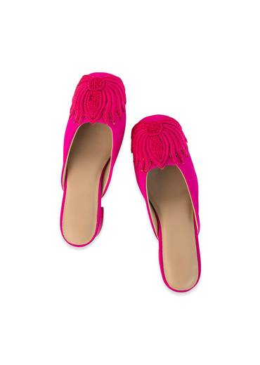 Pink Fuschia Satin Lotus Motif Heel Mules