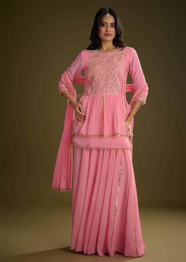 Pink Georgette Gotta Lace Kurta Set With Cut Dana and Sequins Detailing