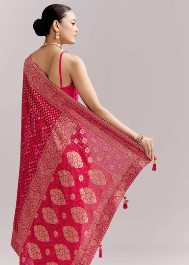 Pink Georgette Woven Saree With Floral Border And Bandhani Print