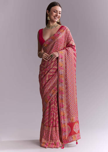 Pink Georgette Woven Saree With Heavy Zari And Jaal Embroidery