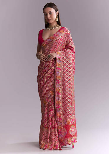 Pink Georgette Woven Saree With Heavy Zari And Jaal Embroidery