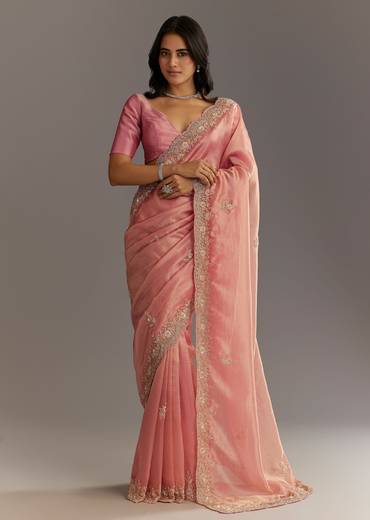 Pink Glass Tissue Sareee With Embroidered Scallop Border