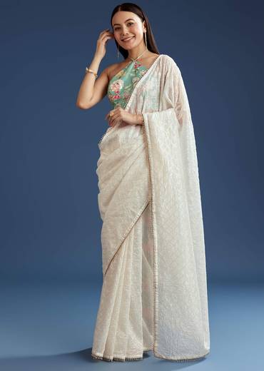 White Green Glass Tissue Sequin Embroidered Saree With Contrast Blouse