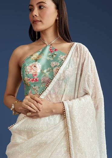 White Green Glass Tissue Sequin Embroidered Saree With Contrast Blouse