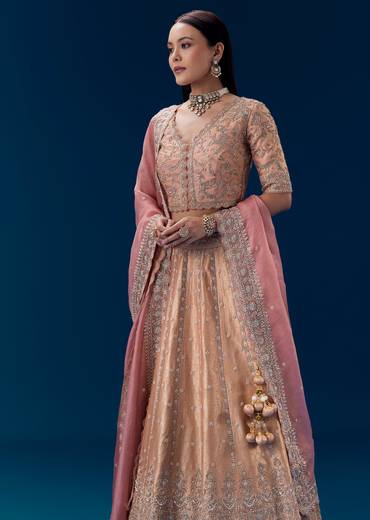 Pink Heavy Embroidered Bridal Lehenga Set in Georgette