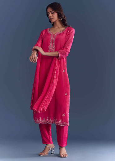 Pink Hosiery Kurta Set With Cutdana And Mirror Work