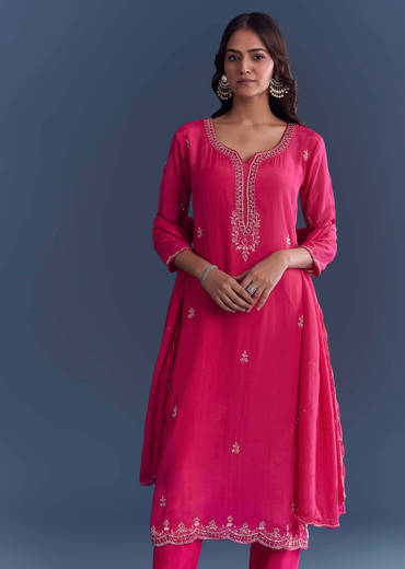 Pink Hosiery Kurta Set With Cutdana And Mirror Work