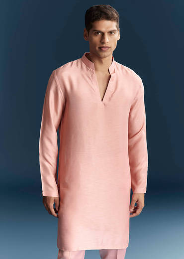 Pink Imported Linen Kurta Jacket Set For Men With Aari Embroidery