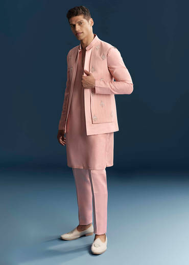 Pink Imported Linen Kurta Jacket Set For Men With Aari Work