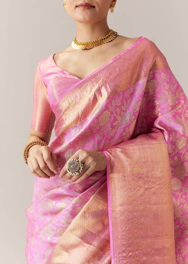 Pink Kanjivaram Saree with Unstitched Blouse