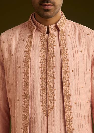 Pink Knit Kurta Jacket Set With Moti Work