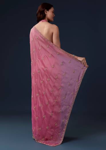 Pink Kora Silk Saree With Cutdana Beads And Stone Embroidery