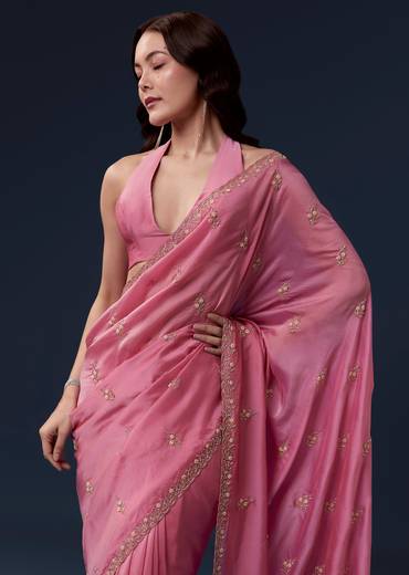 Pink Kora Silk Saree With Cutdana Beads And Stone Embroidery