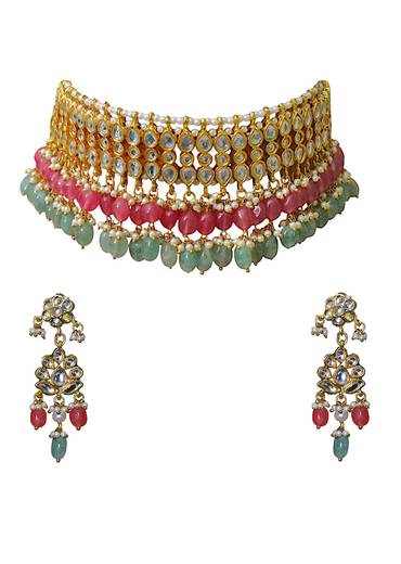 Pink Kundan Beaded Drop Choker Necklace Set