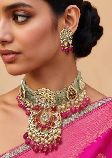 Pink Kundan Encrusted Pendant Necklace and Earring Set