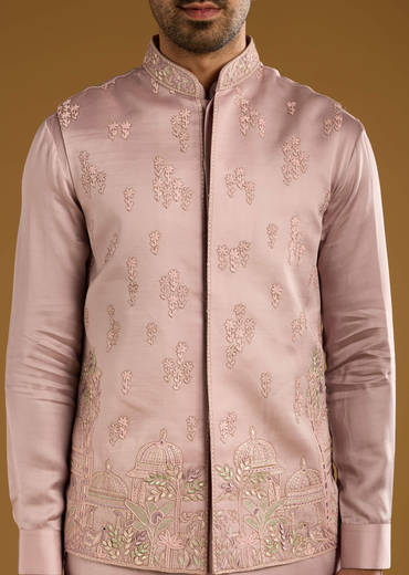 Pink Kurta Jacket Set For Men With Thread Work
