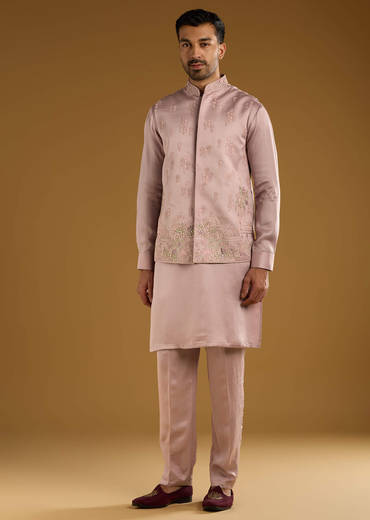 Pink Kurta Jacket Set For Men With Thread Work