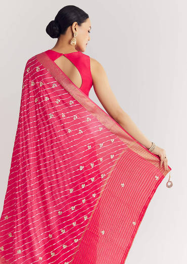 Pink Leheriya Printed Saree With Floral Embroidery