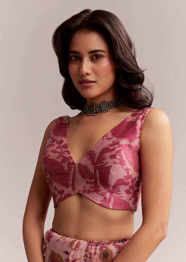 Pink Linen Printed Saree With Traditional Ajrakh Hand Block Print