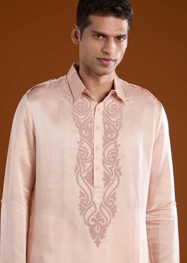 Pink Linen Satin Mens Kurta Pant Set