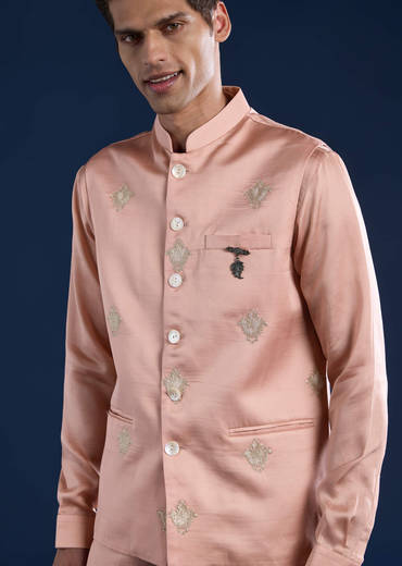 Pink Linen Silk Jacket Kurta Set with Zari Work