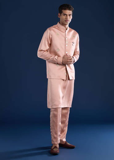 Pink Linen Silk Jacket Kurta Set with Zari Work