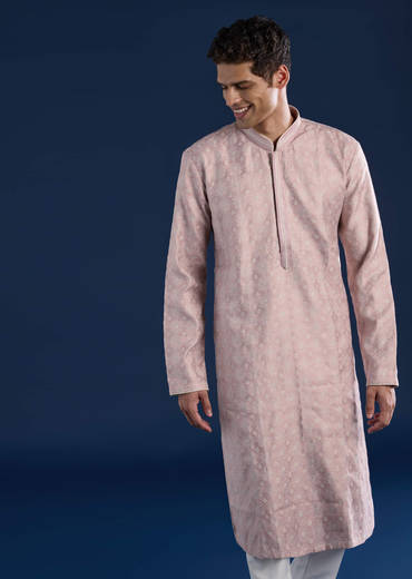 Pink Mens Jacquard Self Work Straight Kurta and Pant Set