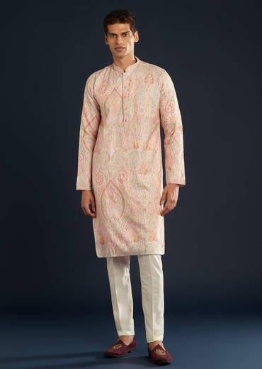Pink Mens Kurta Set with Resham Thread Embroidery