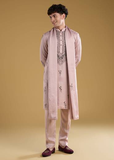Pink Mens Kurta Set With Thread Metal And Beads Detail