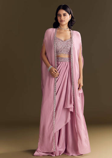 Pink Mirror Sequin Embroidered Croptop Skirt With Cape