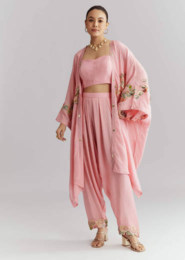 Pink Muslin Crop Top And Jacket Set With Gotta Work