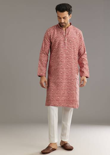 Pink Muslin Kurta Set With Symmetric Prints