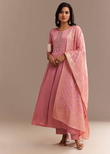 Pink Muslin Mirror Embroidered Anarkali Set
