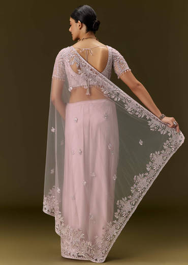 Pink Net Saree With All Over Embroidery