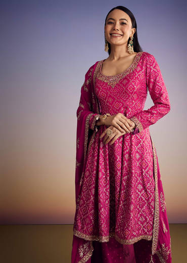 Pink Ombre Bandhani Anarkali Suit With Zardosi Neckline
