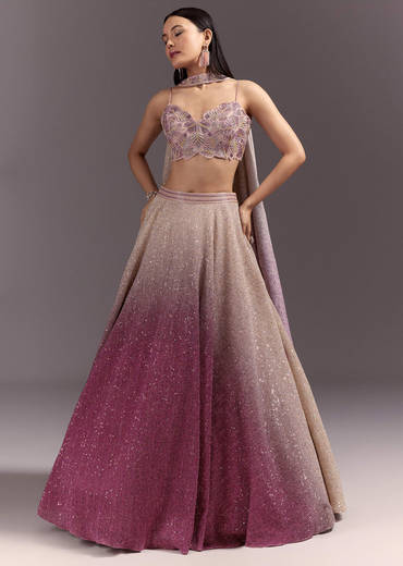 Pink Ombre Lehenga Dupatta Set With Heavily Worked Blouse